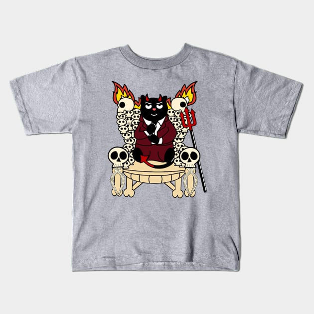 Lord Hiss-ifer Cat with Skull Throne and Pitch Fork for Halloween Kids T-Shirt by Bitycat